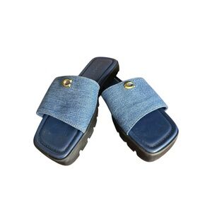 Coach Denim Slide Sandals Gold C Logo Platform Lug Sole